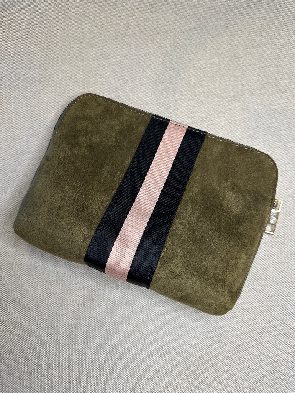 Olive Suede Tote with Black and Pink Center Stripe - Picture 9 of 12